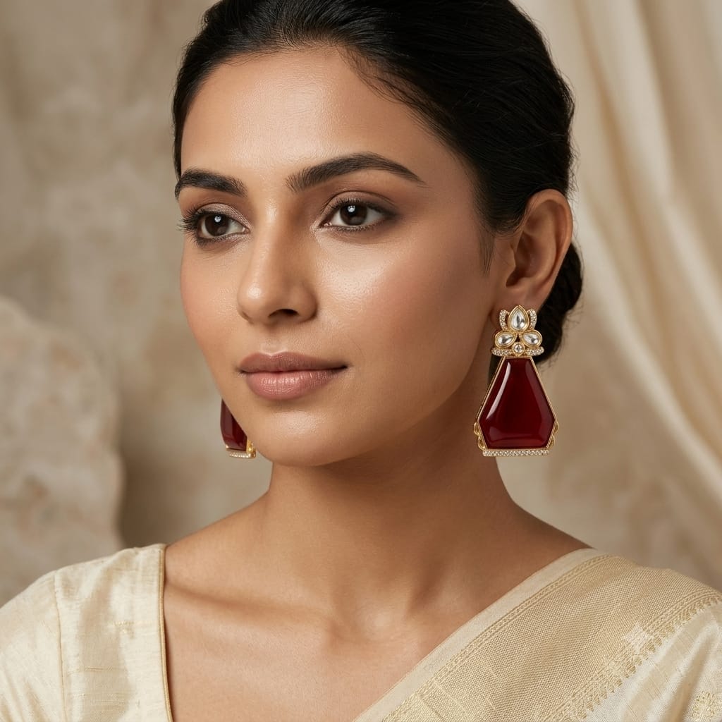 Kundan Polki Red Stone Drop Earrings