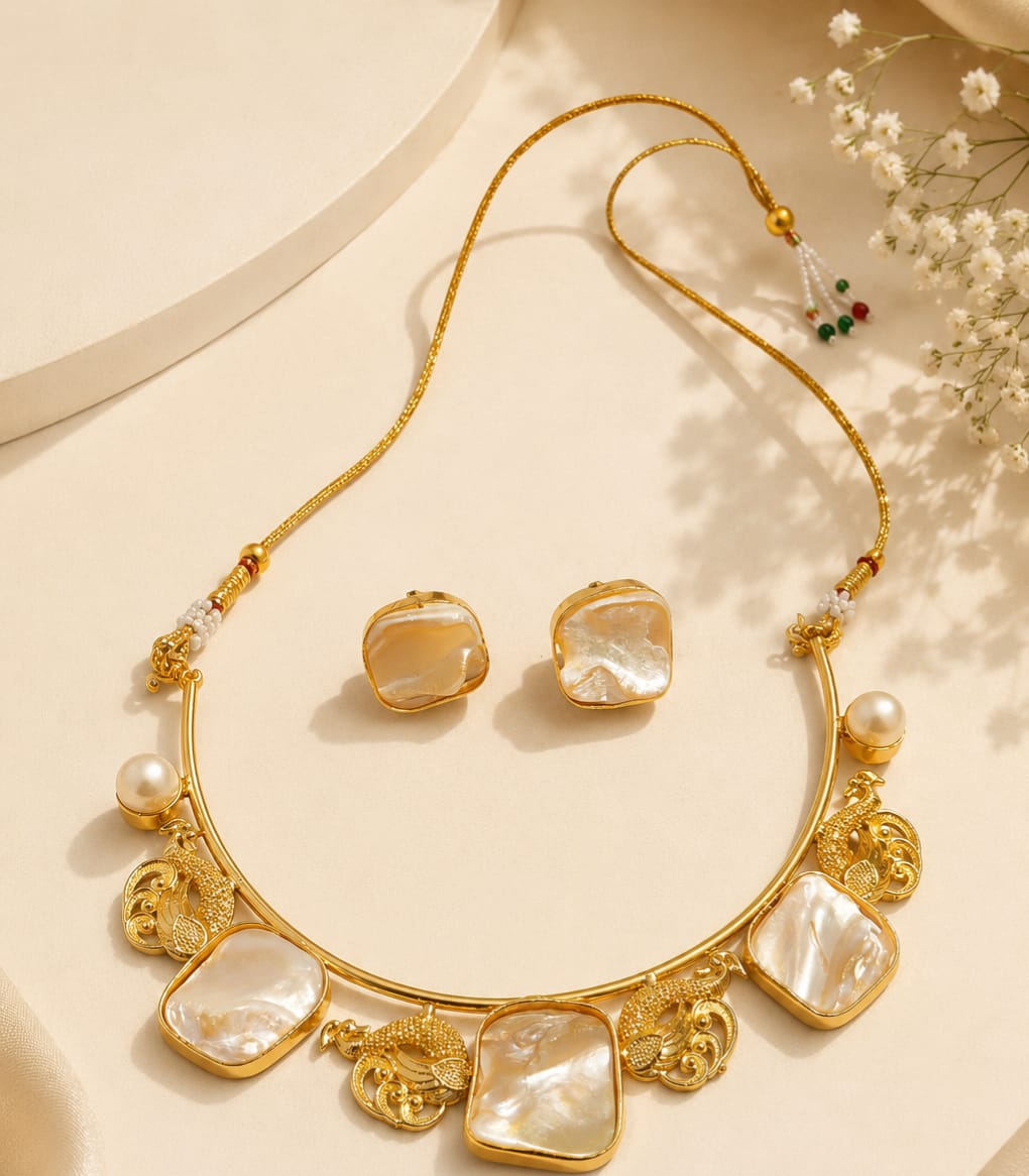 Gold Peacock Baroque Pearl Necklace & Earring Set