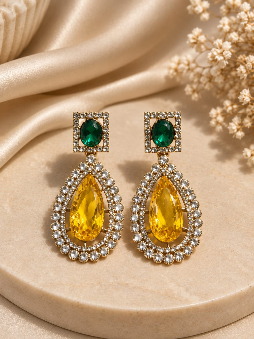 Emerald Green & Citrine Yellow Teardrop Statement Earrings