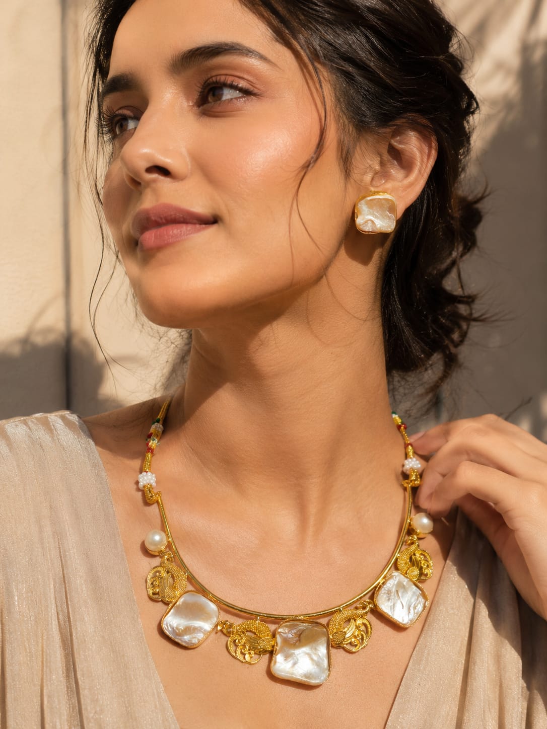 Gold Peacock Baroque Pearl Necklace & Earring Set
