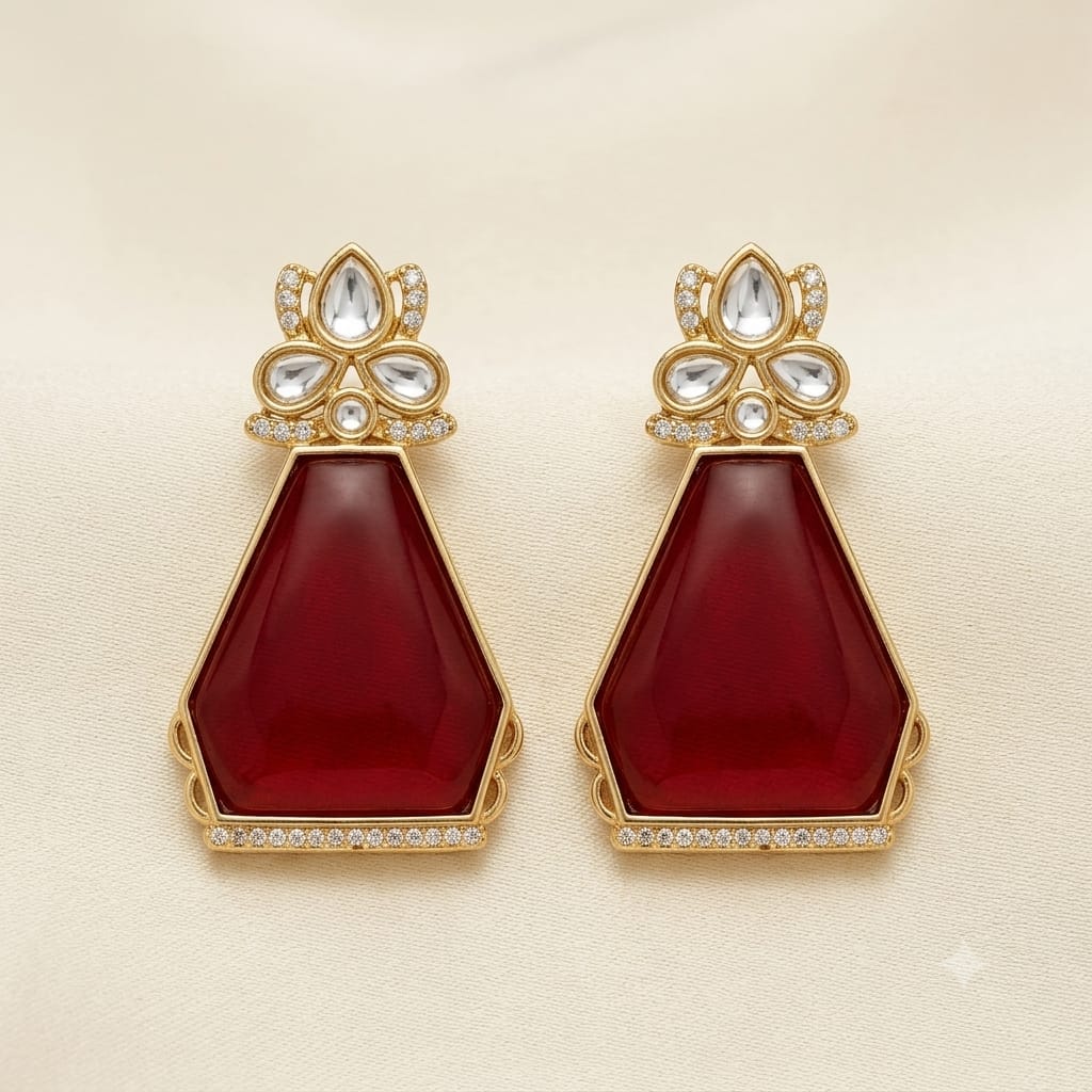 Kundan Polki Red Stone Drop Earrings