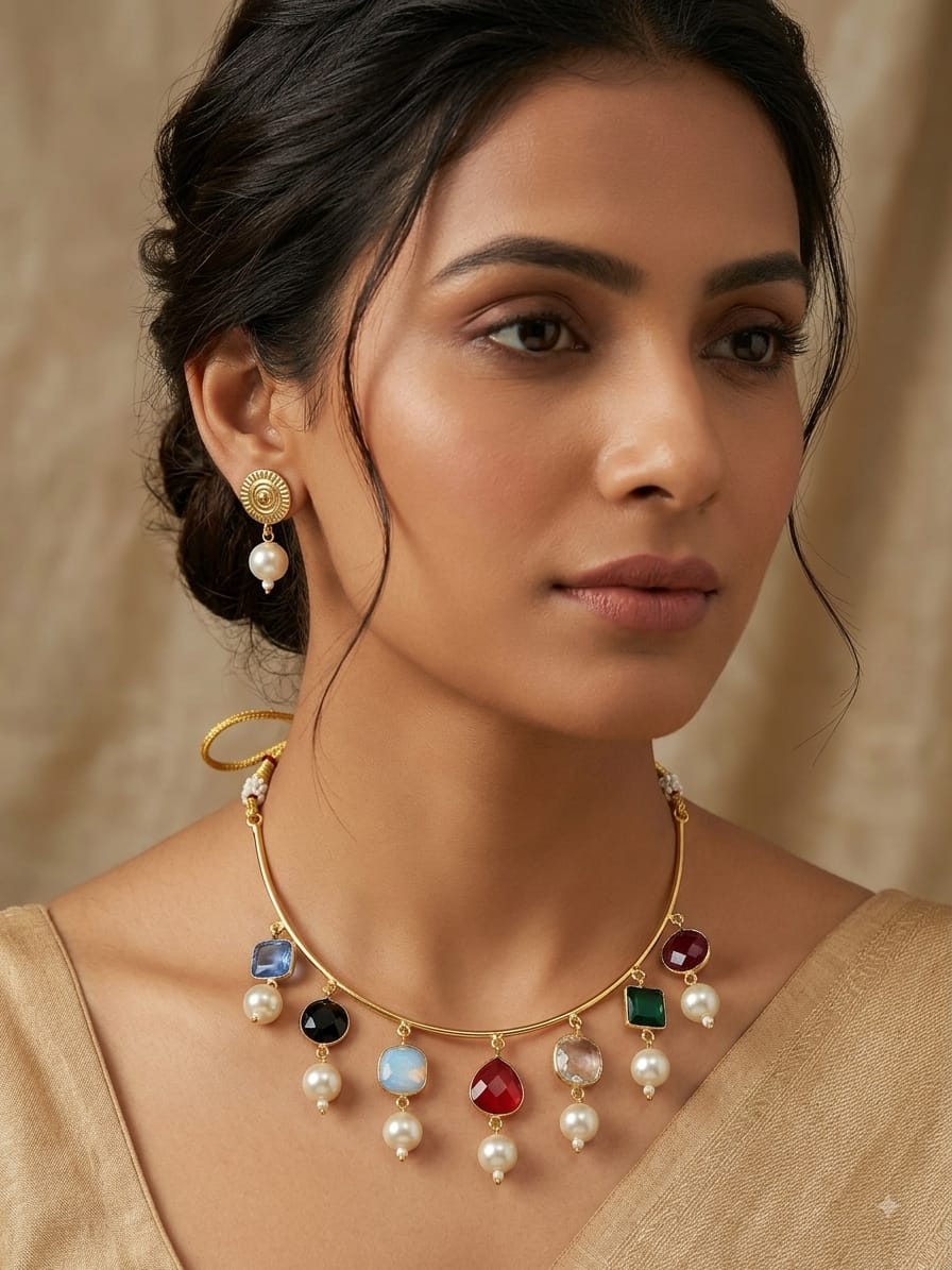 Multi-Stone Pearl Hasli Set